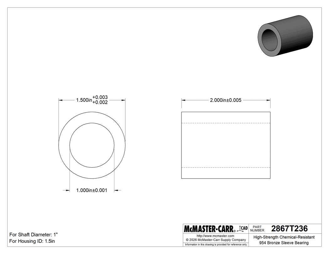 Technical Drawing of High-Strength Chemical-Resistant 954 Bronze Sleeve Bearing, for 1" Shaft Diameter and 1-1/2" Housing ID, 2" Long.